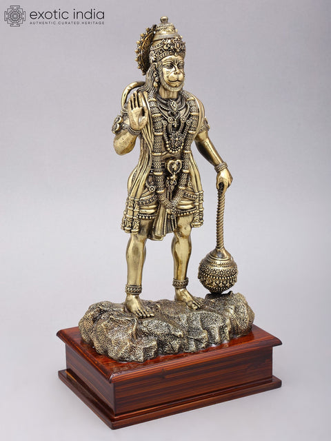 Superfine Standing Lord Hanuman in Blessing Gesture | Brass Statue on Wood Base