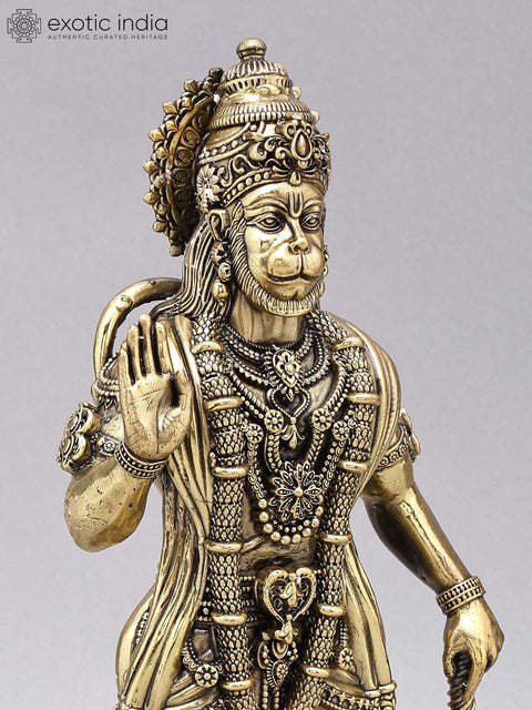 Superfine Standing Lord Hanuman in Blessing Gesture | Brass Statue on Wood Base