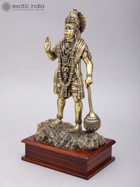 Superfine Standing Lord Hanuman in Blessing Gesture | Brass Statue on Wood Base