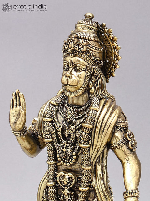 Superfine Standing Lord Hanuman in Blessing Gesture | Brass Statue on Wood Base