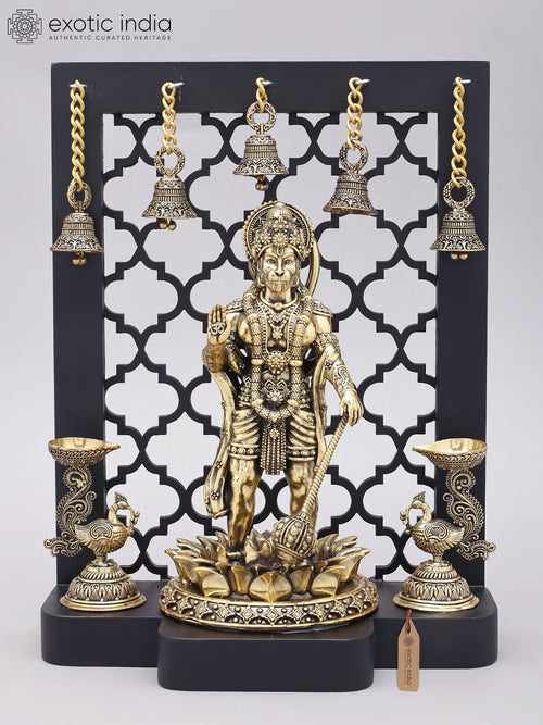 12" Standing Lord Hanuman Blessing Gesture Brass Statue with Wood Frame