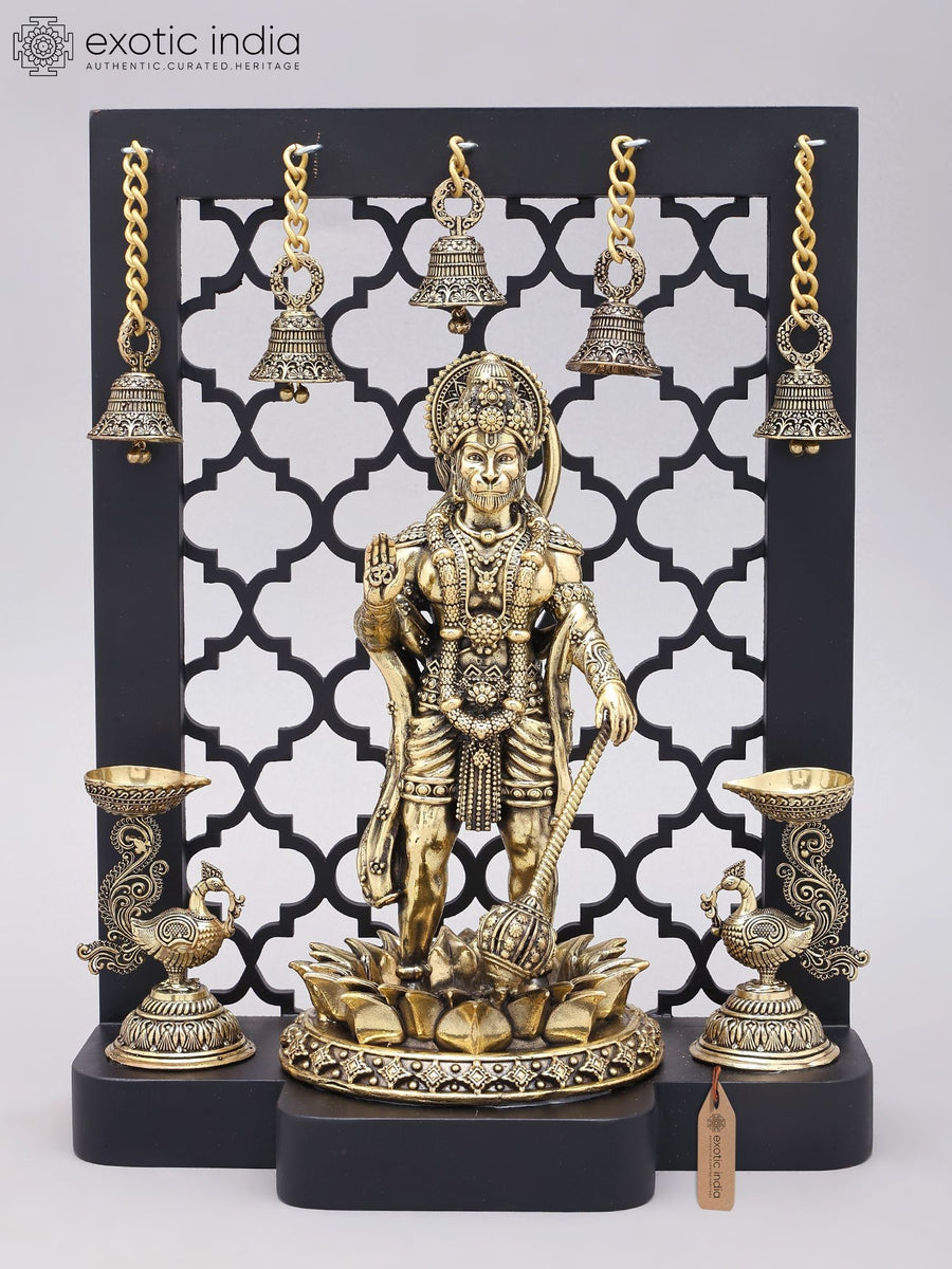 12" Standing Lord Hanuman Blessing Gesture Brass Statue with Wood Frame