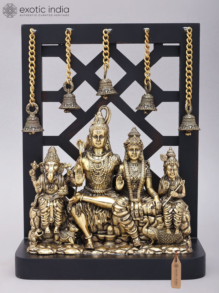 12" Shiva Family Brass Statue with Dangling Bells and Wood Frame