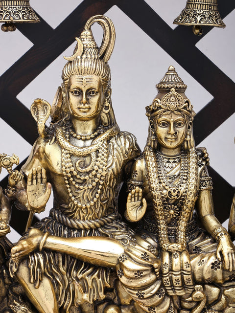 12" Superfine Shiva Family with Dangling Bells | Brass Statue with Wood Frame