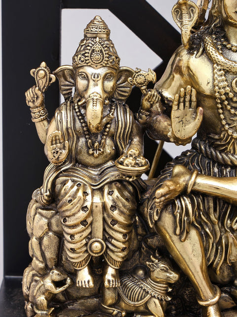 12" Superfine Shiva Family with Dangling Bells | Brass Statue with Wood Frame