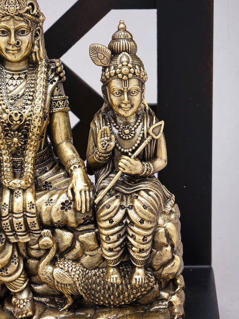 12" Superfine Shiva Family with Dangling Bells | Brass Statue with Wood Frame