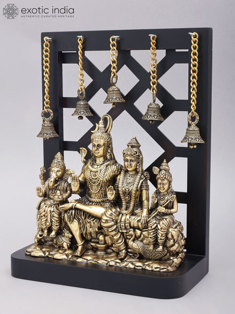 12" Superfine Shiva Family with Dangling Bells | Brass Statue with Wood Frame