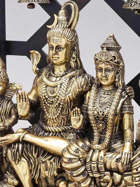 12" Superfine Shiva Family with Dangling Bells | Brass Statue with Wood Frame