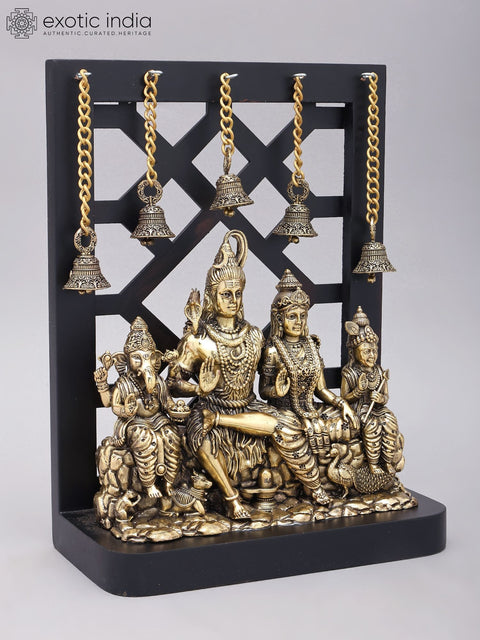 12" Superfine Shiva Family with Dangling Bells | Brass Statue with Wood Frame