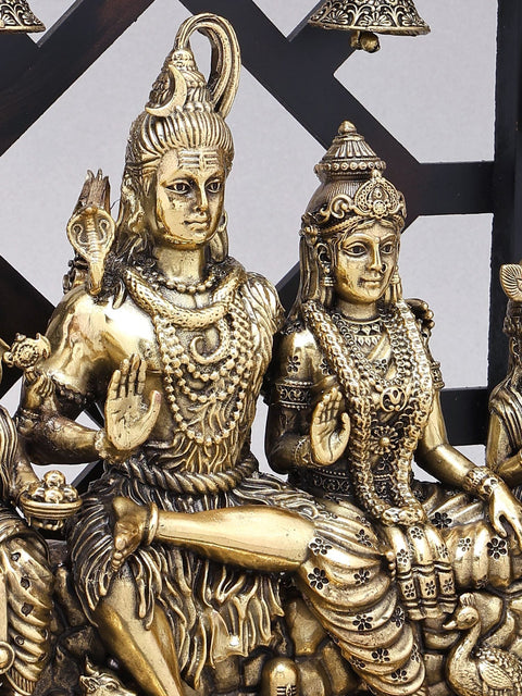12" Superfine Shiva Family with Dangling Bells | Brass Statue with Wood Frame