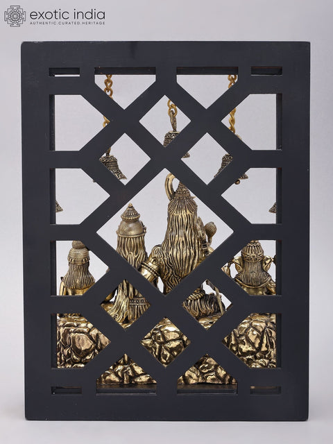 12" Superfine Shiva Family with Dangling Bells | Brass Statue with Wood Frame
