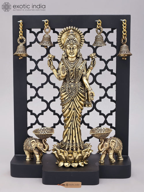 12" Handmade Standing Goddess Gaja Lakshmi Brass Statue with Wood Frame