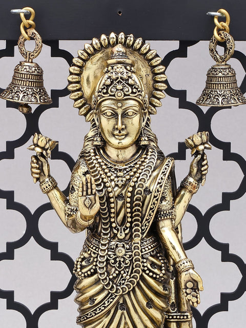 12" Superfine Standing Goddess Gaja Lakshmi | Brass Statue with Designer Wood Frame