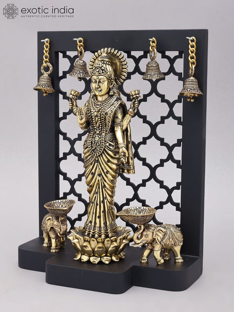 12" Superfine Standing Goddess Gaja Lakshmi | Brass Statue with Designer Wood Frame