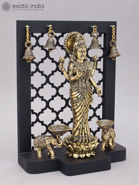 12" Superfine Standing Goddess Gaja Lakshmi | Brass Statue with Designer Wood Frame