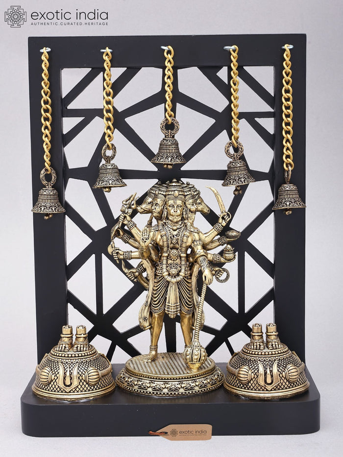 12" Divine Panchmukhi Hanuman with Hanging Temple Bells | Superfine Decorative Spiritual Shrine