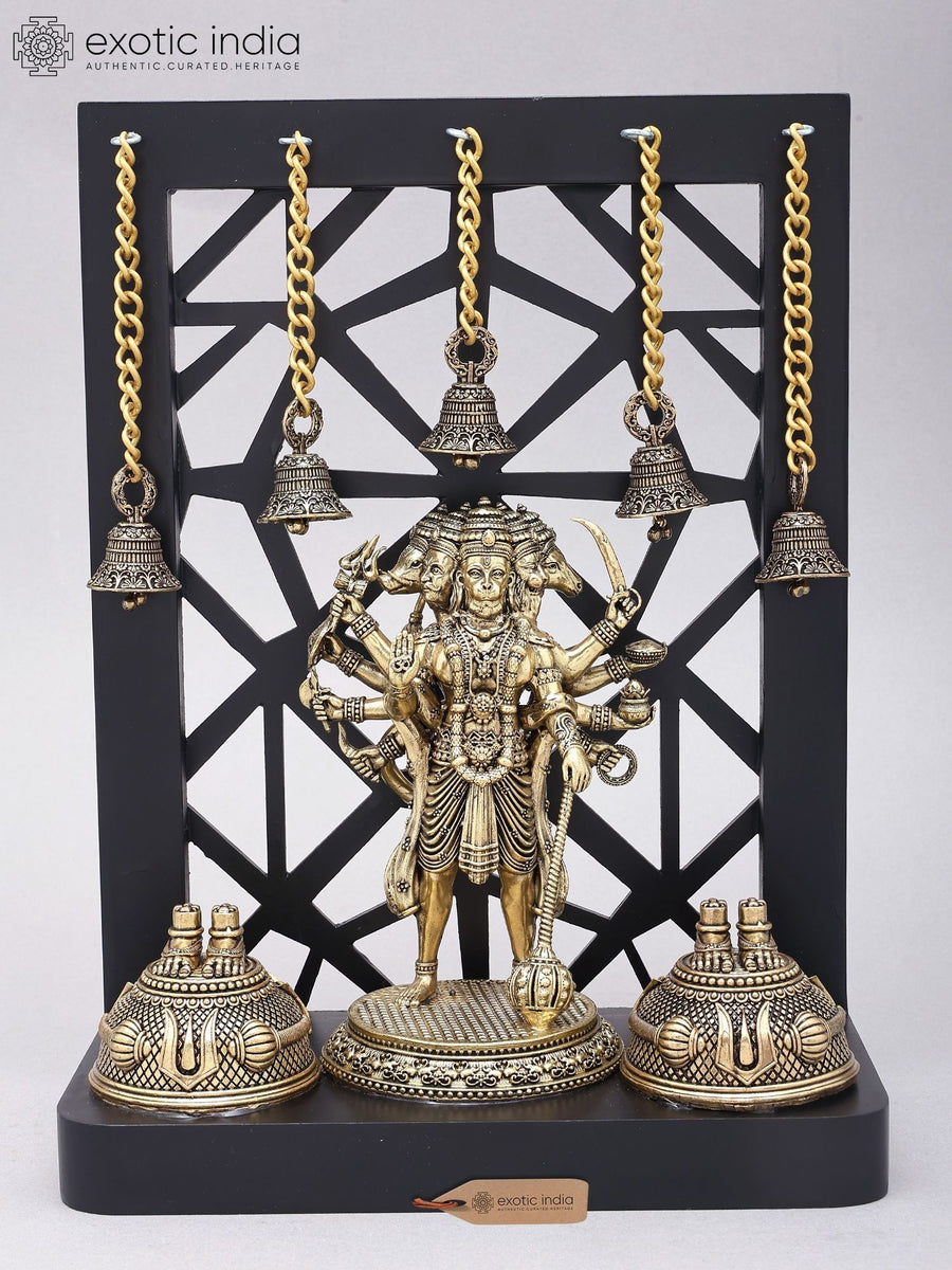12" Panchmukhi Hanuman Brass Statue with Hanging Temple Bells