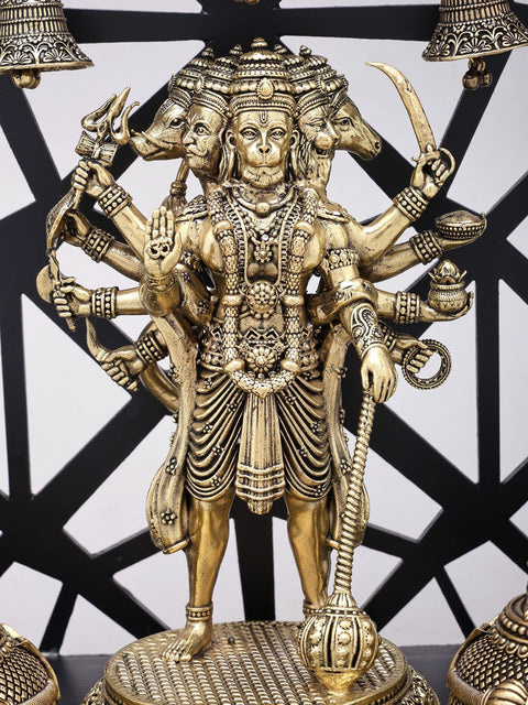 12" Divine Panchmukhi Hanuman with Hanging Temple Bells | Superfine Decorative Spiritual Shrine