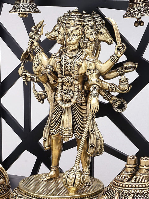 12" Divine Panchmukhi Hanuman with Hanging Temple Bells | Superfine Decorative Spiritual Shrine