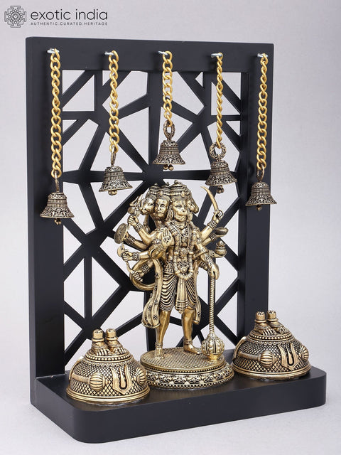 12" Divine Panchmukhi Hanuman with Hanging Temple Bells | Superfine Decorative Spiritual Shrine