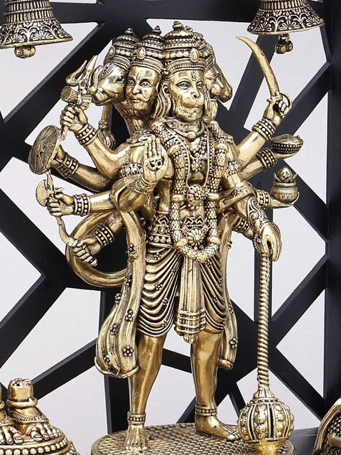12" Divine Panchmukhi Hanuman with Hanging Temple Bells | Superfine Decorative Spiritual Shrine