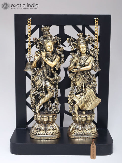 12" Radha Krishna Brass Idol | Wood Framed Brass Sculpture