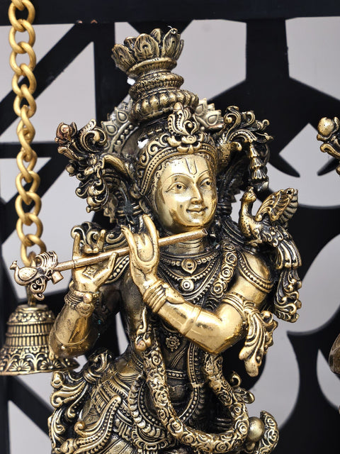 12" Radha Krishna Brass Idol | Wood Framed Brass Sculpture