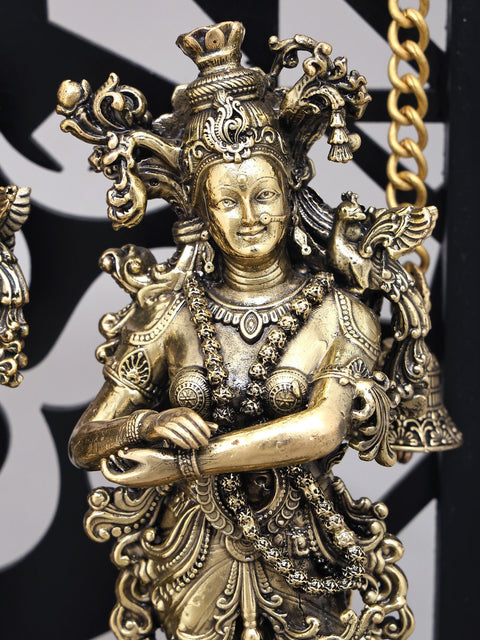 12" Radha Krishna Brass Idol | Wood Framed Brass Sculpture