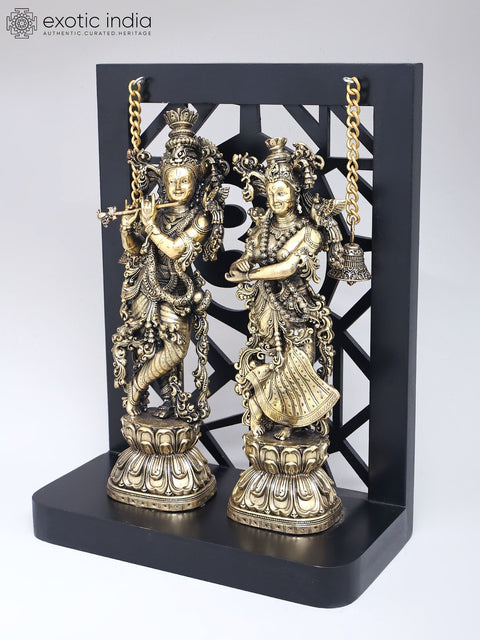 12" Radha Krishna Brass Idol | Wood Framed Brass Sculpture