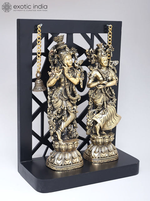 12" Radha Krishna Brass Idol | Wood Framed Brass Sculpture