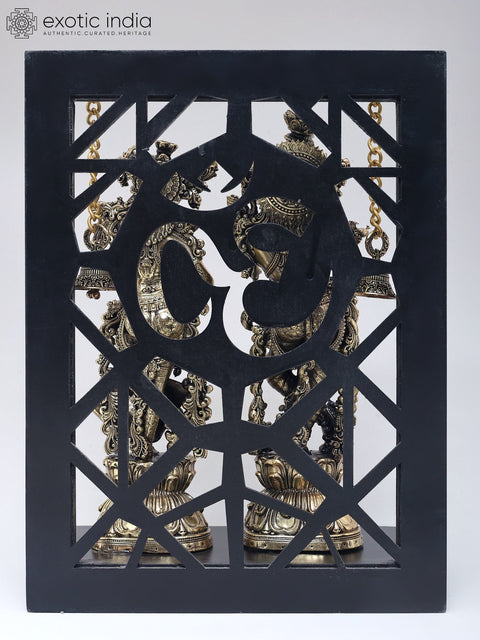 12" Radha Krishna Brass Idol | Wood Framed Brass Sculpture