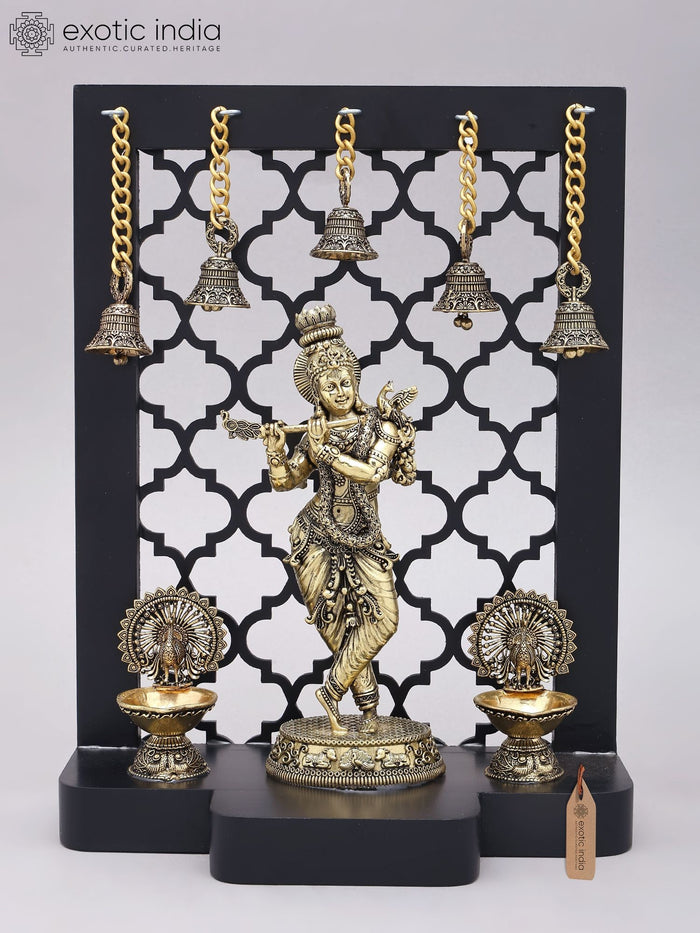 12" Brass Lord Krishna Playing Flute Statue with Jali Wood Frame