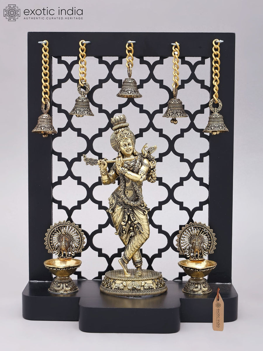 12" Brass Lord Krishna Playing Flute Statue with Jali Wood Frame