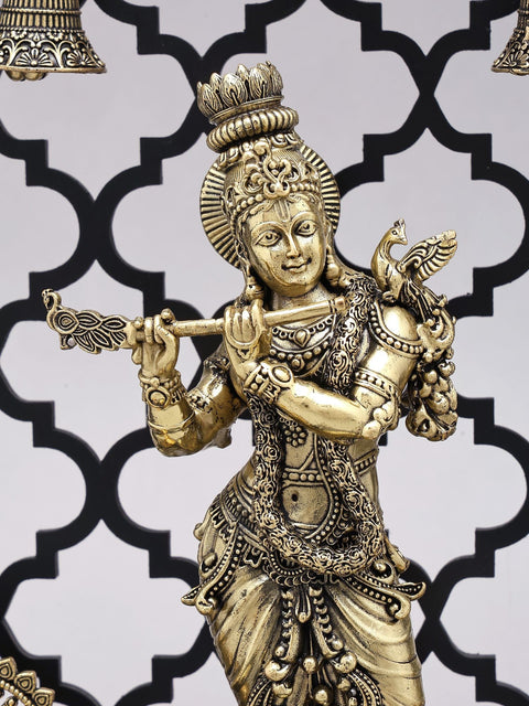 12" Brass Superfine Lord Krishna Playing Flute with Jali Design Wood Frame