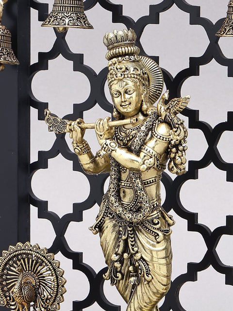 12" Brass Superfine Lord Krishna Playing Flute with Jali Design Wood Frame
