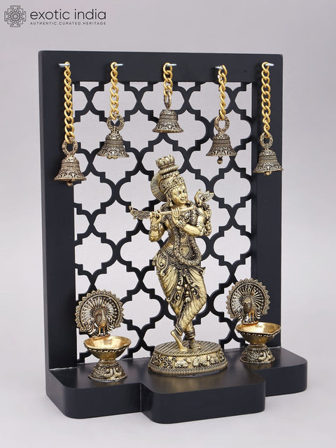 12" Brass Superfine Lord Krishna Playing Flute with Jali Design Wood Frame