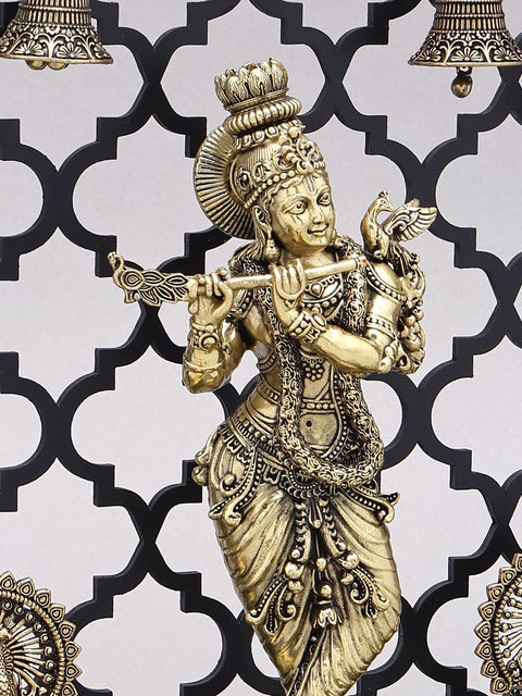 12" Brass Superfine Lord Krishna Playing Flute with Jali Design Wood Frame