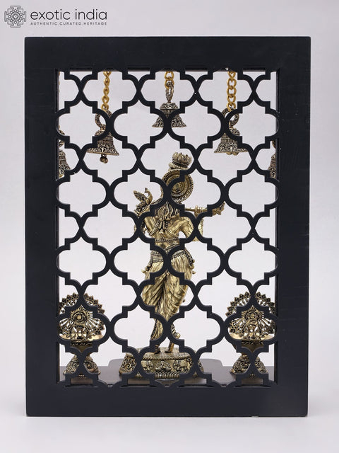 12" Brass Superfine Lord Krishna Playing Flute with Jali Design Wood Frame