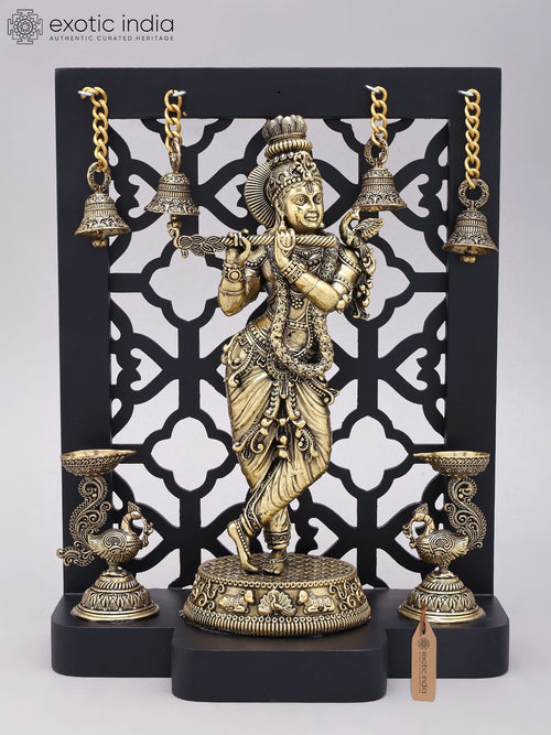 12" Handmade Lord Krishna Brass Idol with Flute and Wood Frame