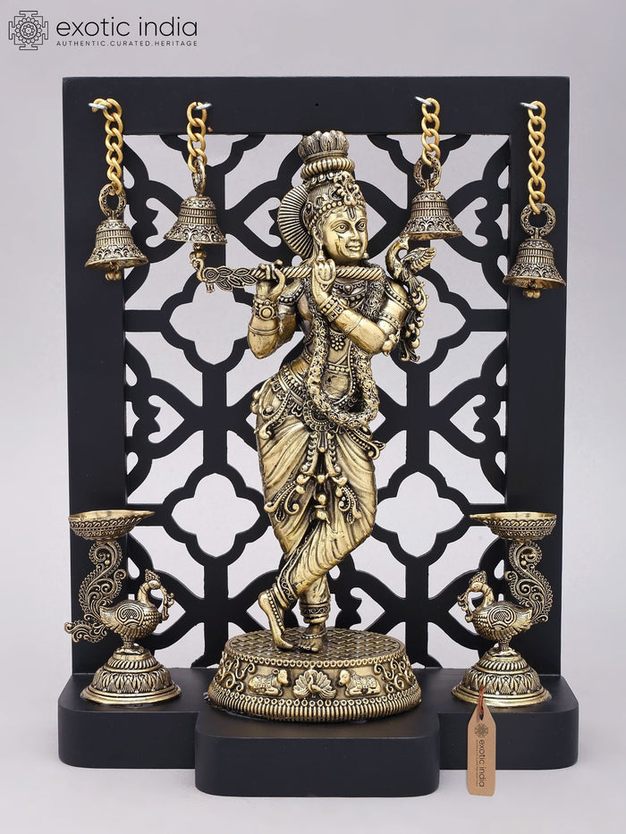 12" Handmade Lord Krishna Brass Idol with Flute and Wood Frame