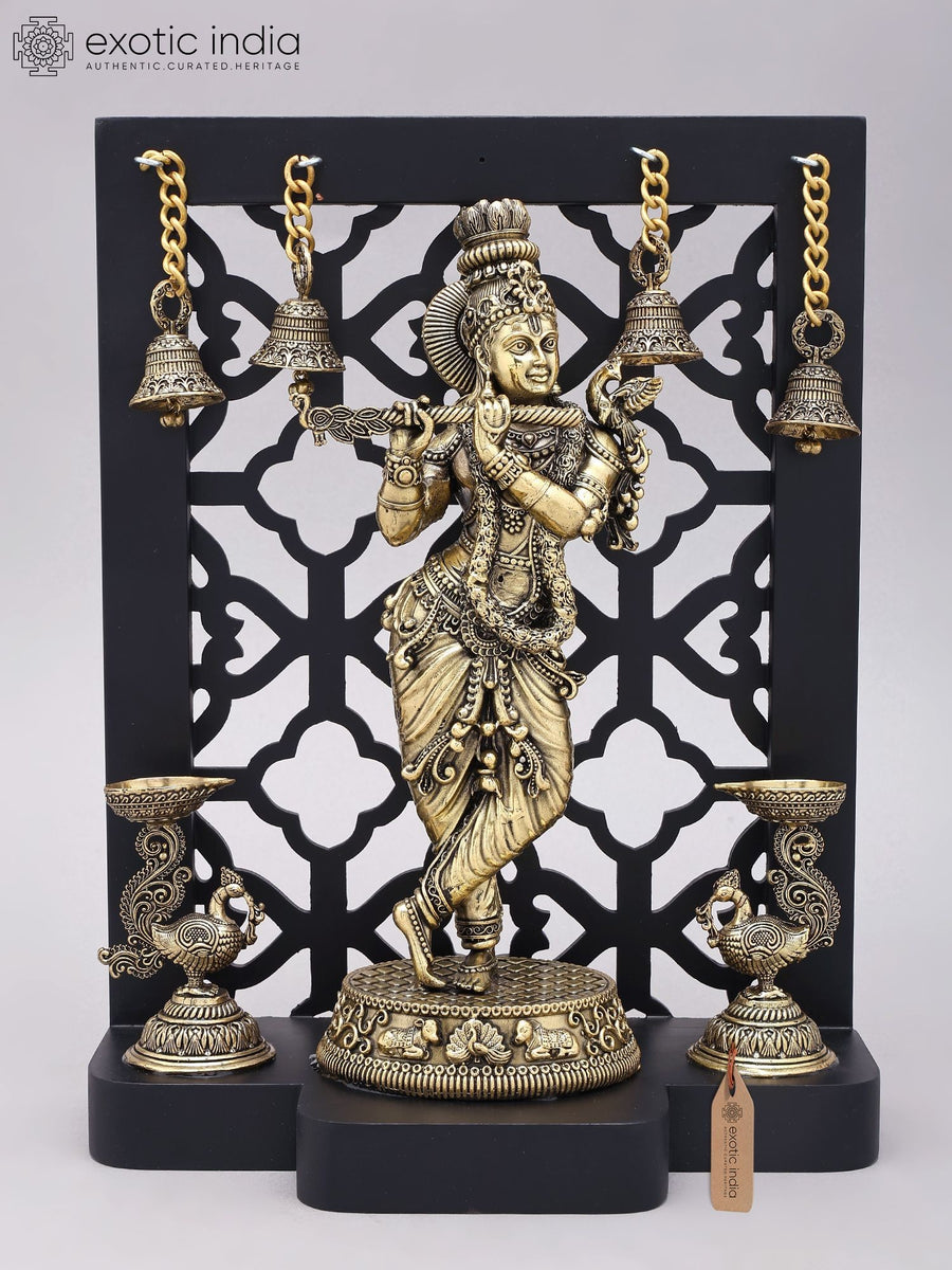 12" Handmade Lord Krishna Brass Idol with Flute and Wood Frame