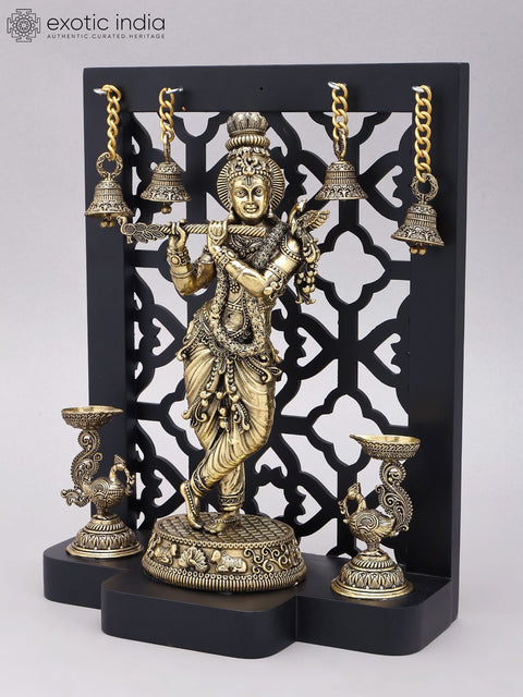 12" Superfine Fluting Lord Krishna Idol with Stylized Wood Frame