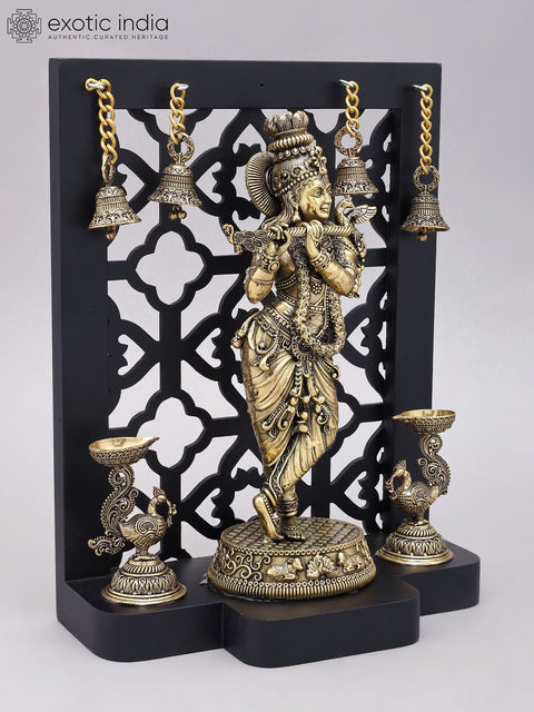 12" Superfine Fluting Lord Krishna Idol with Stylized Wood Frame