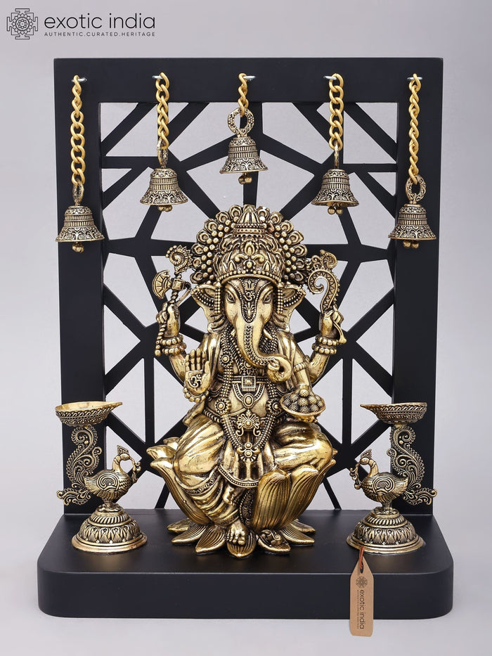 12" Handmade Brass Lord Ganesha Idol with Wood Frame
