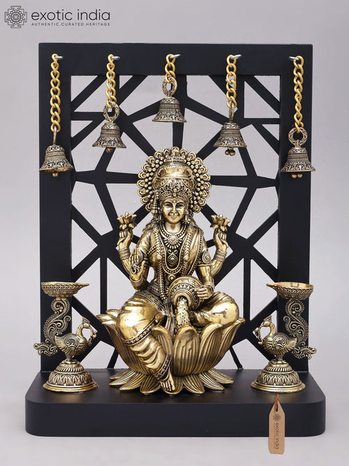 12" Goddess Lakshmi with Peacock Lamps Brass Statue and Wood Frame