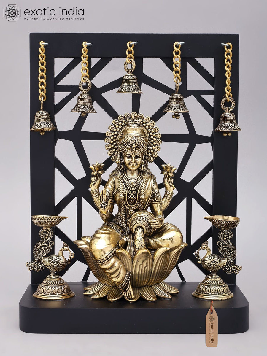 12" Goddess Lakshmi with Peacock Lamps Brass Statue and Wood Frame