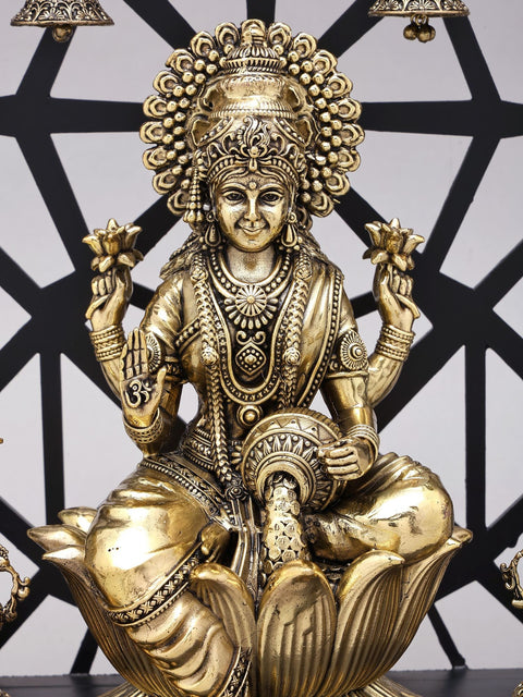 12" Superfine Goddess Lakshmi with Peacock Lamps and Bells | Brass Statue with Designer Wood Frame
