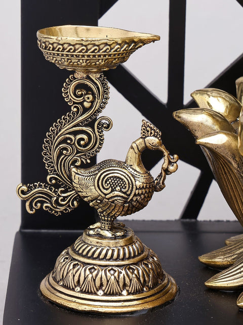 12" Superfine Goddess Lakshmi with Peacock Lamps and Bells | Brass Statue with Designer Wood Frame