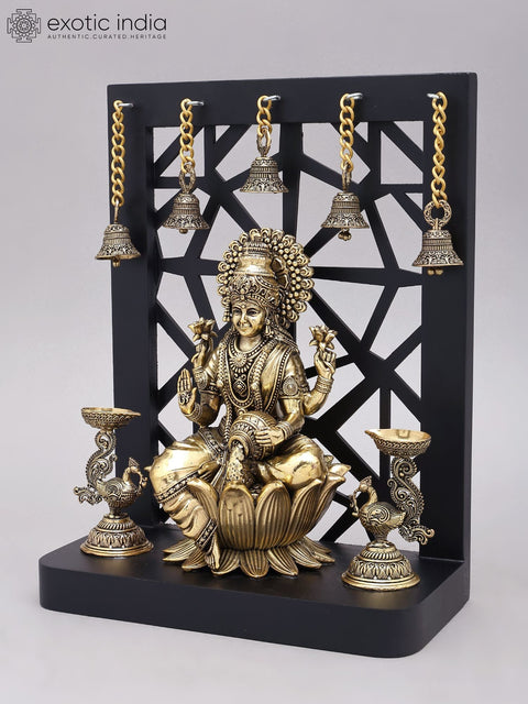 12" Superfine Goddess Lakshmi with Peacock Lamps and Bells | Brass Statue with Designer Wood Frame