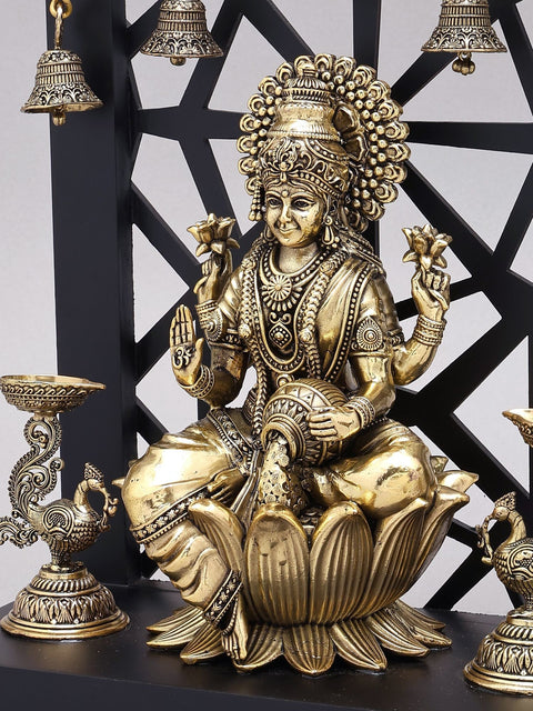 12" Superfine Goddess Lakshmi with Peacock Lamps and Bells | Brass Statue with Designer Wood Frame